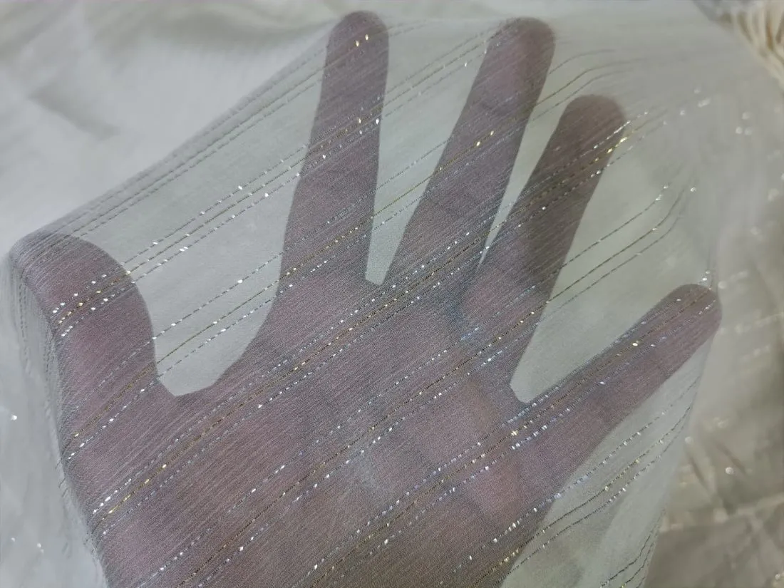 100% SILK CHIFFON white ivory fabric stripe{silver/gold lurex} 44" wide available in two designs