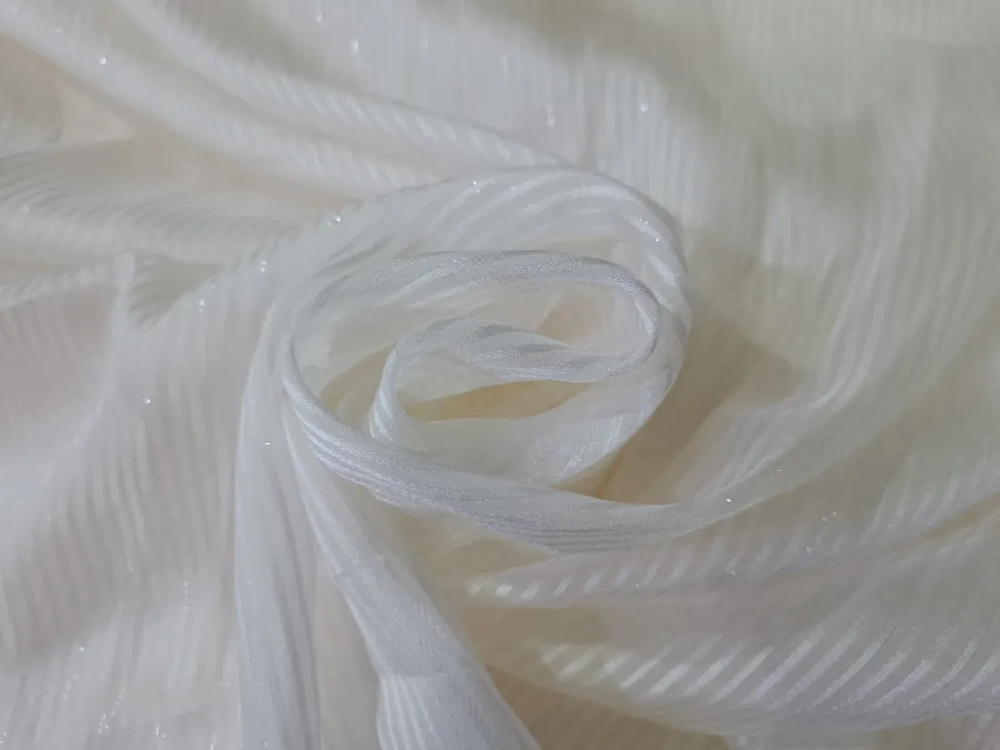 100% SILK CHIFFON white ivory fabric stripe{silver/gold lurex} 44" wide available in two designs