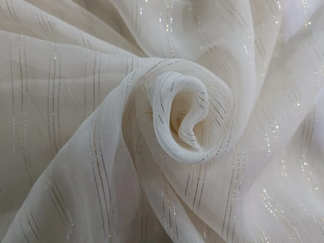 100% SILK CHIFFON white ivory fabric stripe{silver/gold lurex} 44" wide available in two designs