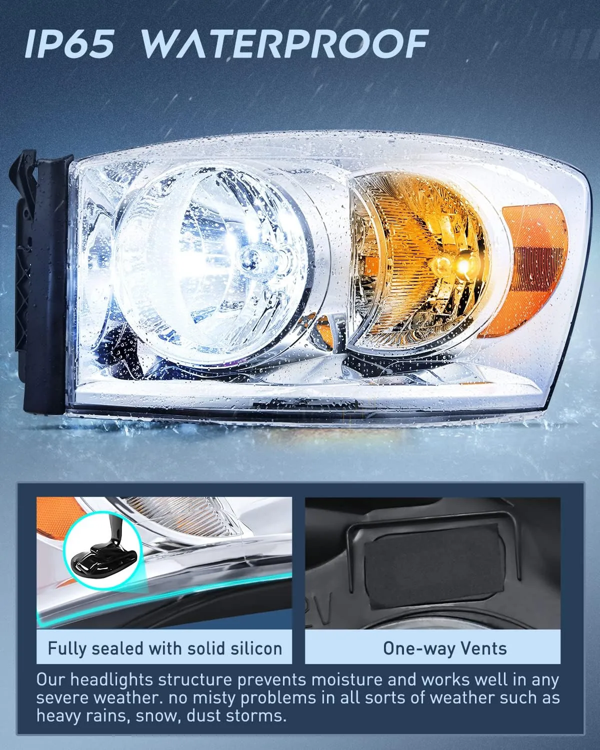 2007-2009 Dodge Ram 1500 2500 3500 Headlight Assembly Chrome Housing Amber Reflector Clear Lens