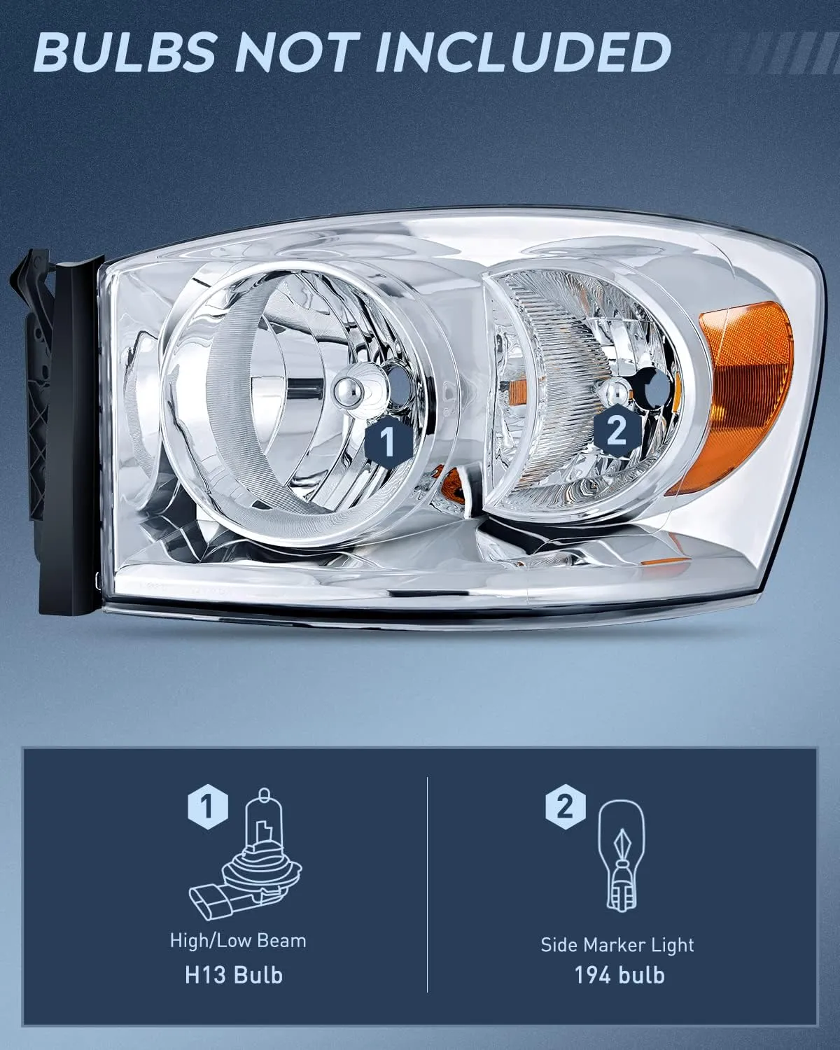 2007-2009 Dodge Ram 1500 2500 3500 Headlight Assembly Chrome Housing Amber Reflector Clear Lens