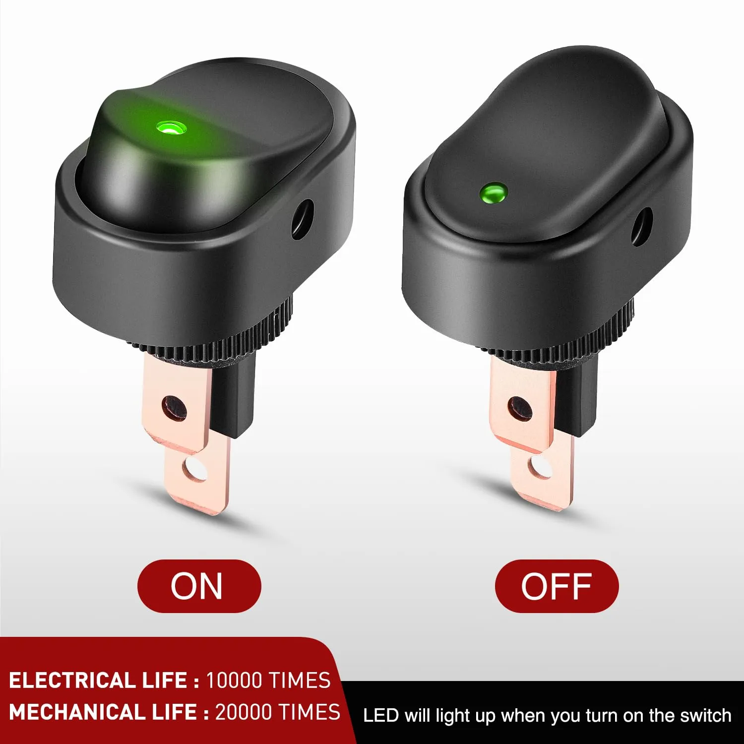 5Pcs 12V 30A Round Toggle LED Switch with Green LED Indicator