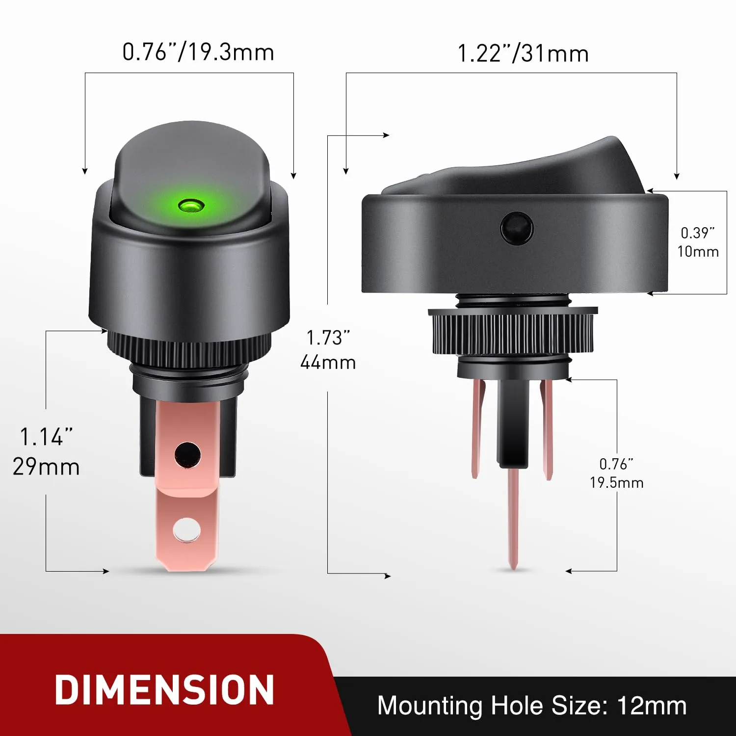5Pcs 12V 30A Round Toggle LED Switch with Green LED Indicator