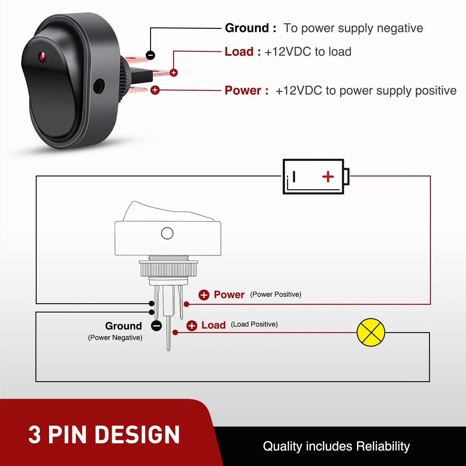5Pcs 12V 30A Round Toggle LED Switch with Red LED Indicator