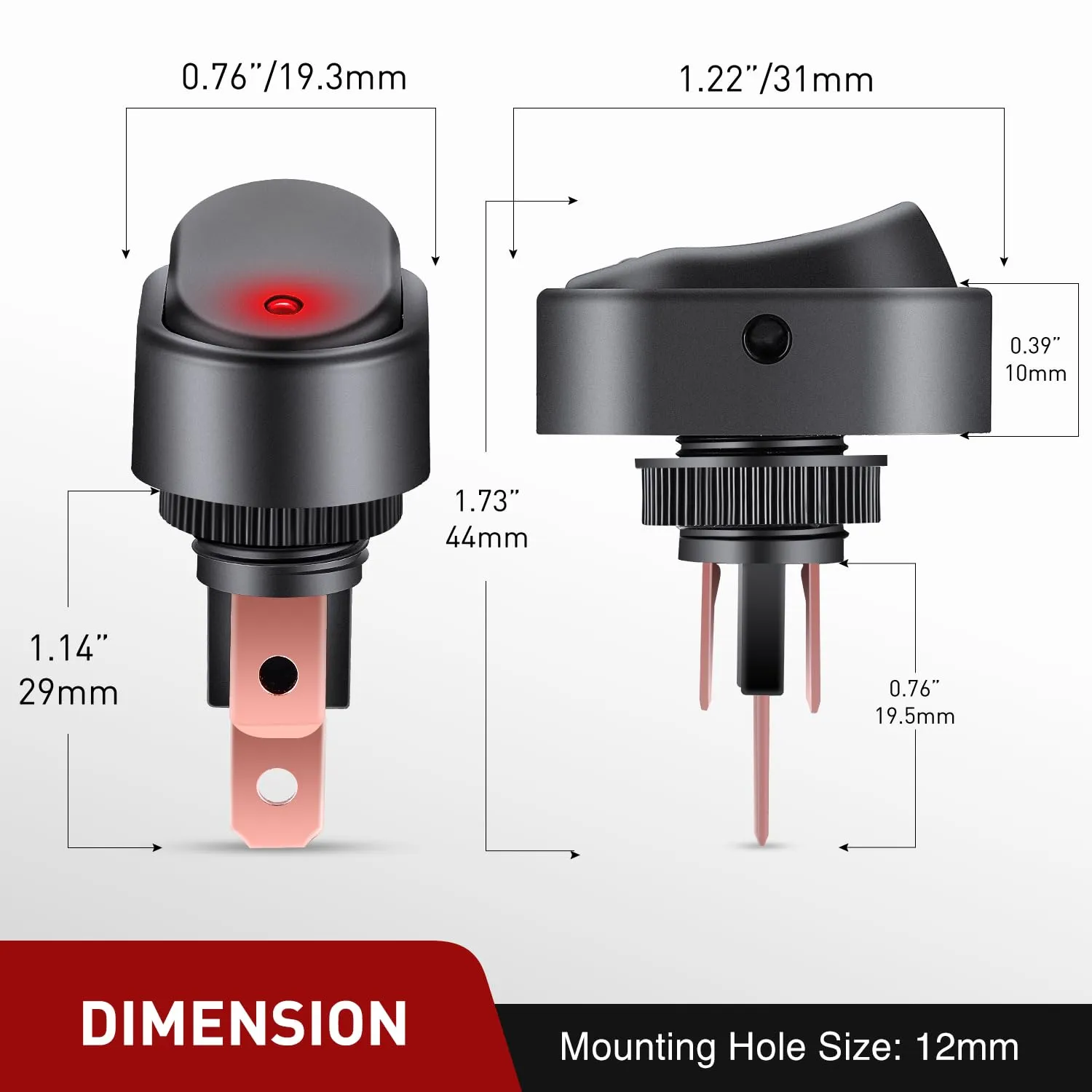 5Pcs 12V 30A Round Toggle LED Switch with Red LED Indicator