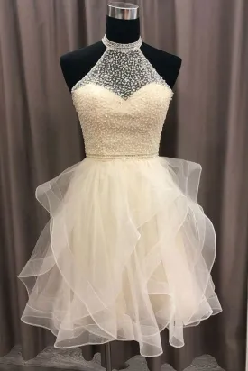 A-line Halter Tulle Beads Short Prom Dress Open Back Cute Homecoming Dress GM541