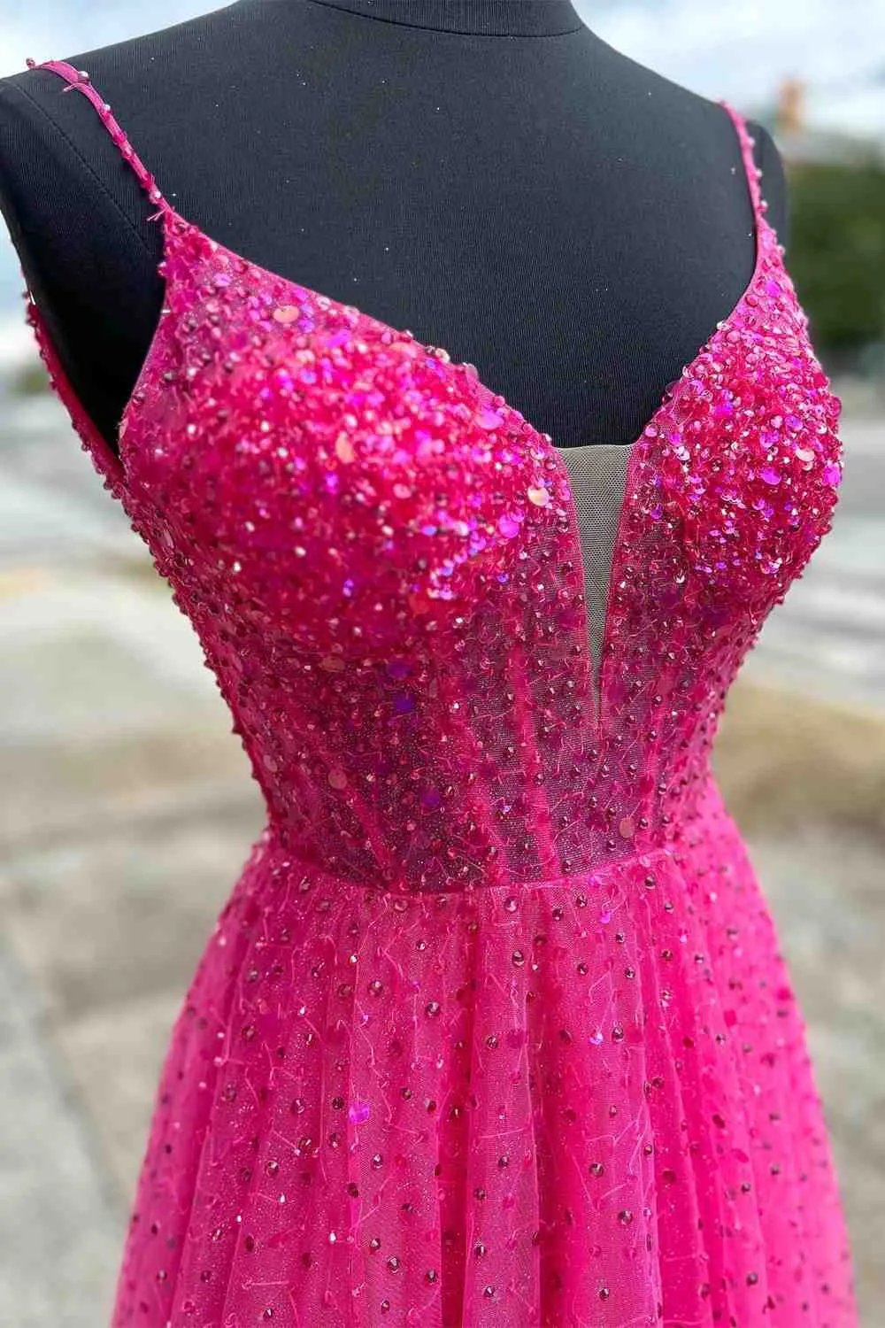 A-Line Straps Neon Pink Beaded Tulle Long Prom Dress, Long Formal Dress GP453