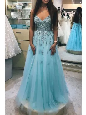 A-line V-neck Beaded Prom Dresses Tulle Floor Length Party Gowns MG294
