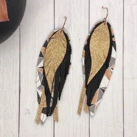 Black and Rose Gold Geometric Genuine Leather Feather Earrings