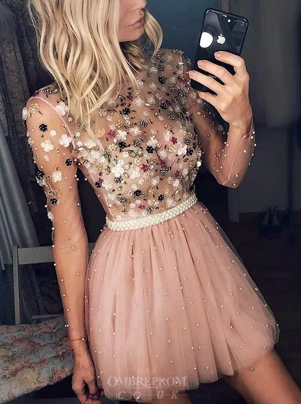 Charming Long Sleeves Beaded Appliques Tulle Short Prom Dresses GM224