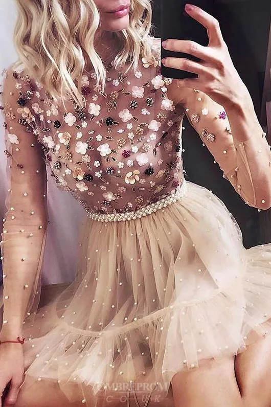 Charming Long Sleeves Beaded Appliques Tulle Short Prom Dresses GM224