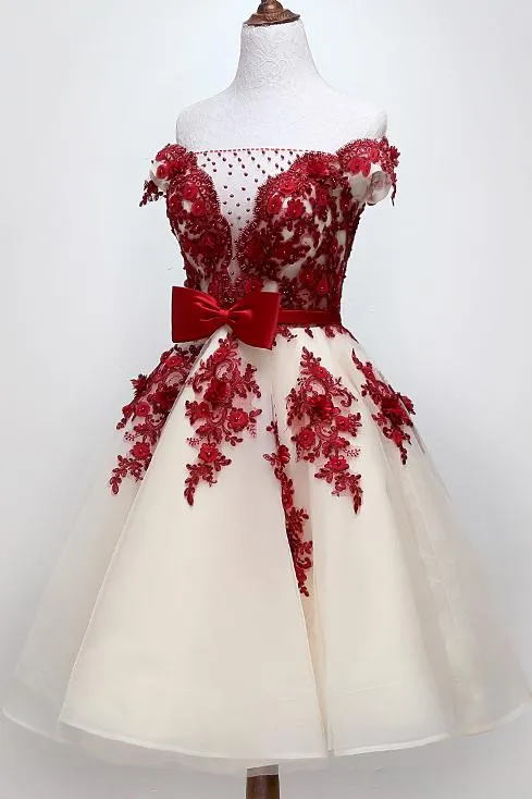 Chic Off Shoulder Short Sweet 16 Dress, Homecoming Dress With Burgundy Beaded Appliques GM83