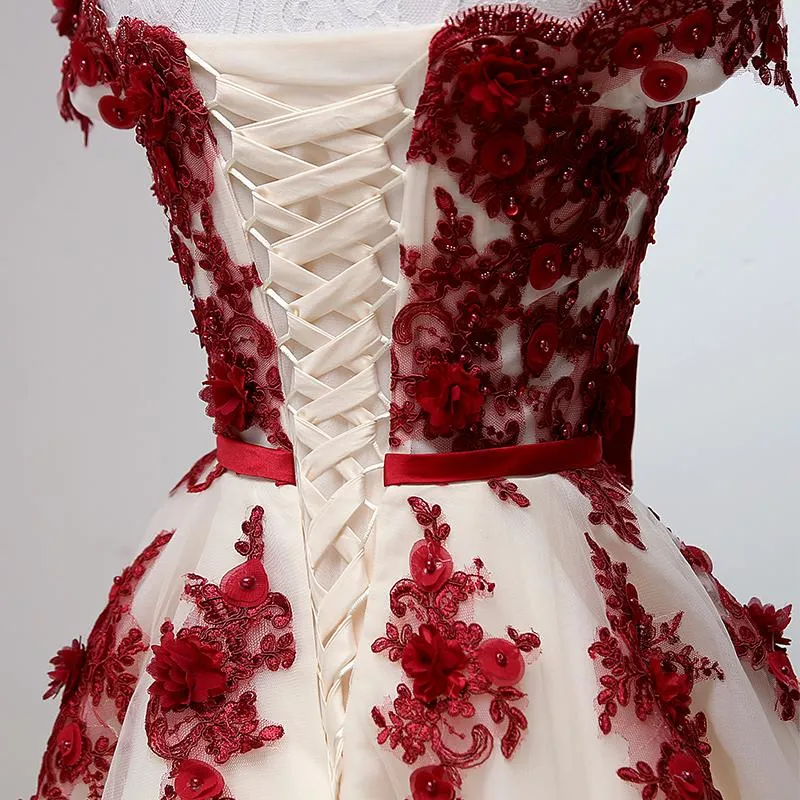 Chic Off Shoulder Short Sweet 16 Dress, Homecoming Dress With Burgundy Beaded Appliques GM83