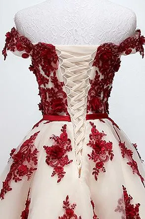 Chic Off Shoulder Short Sweet 16 Dress, Homecoming Dress With Burgundy Beaded Appliques GM83