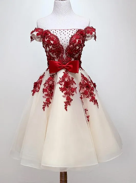 Chic Off Shoulder Short Sweet 16 Dress, Homecoming Dress With Burgundy Beaded Appliques GM83