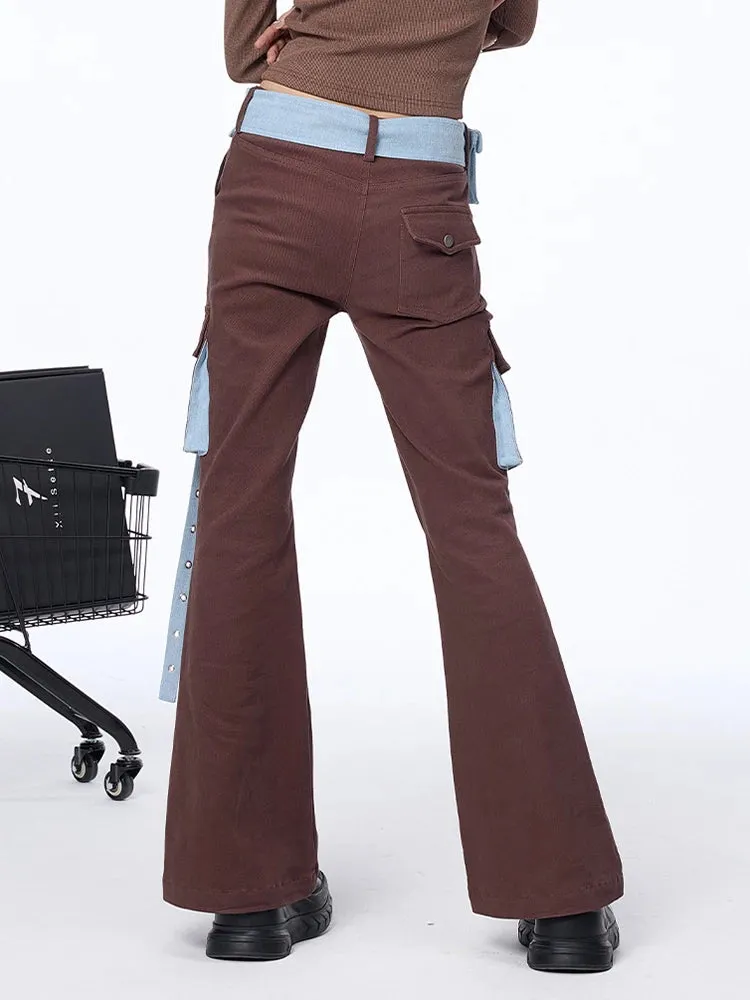Colorblock Patchwork Pockets Cargo Flare Denim Pants For Women High Waist Spliced Belts Streetwear Jeans Female