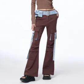 Colorblock Patchwork Pockets Cargo Flare Denim Pants For Women High Waist Spliced Belts Streetwear Jeans Female