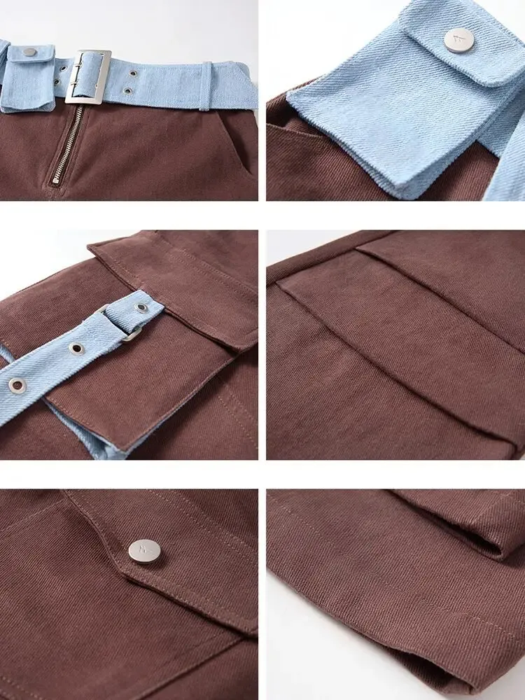 Colorblock Patchwork Pockets Cargo Flare Denim Pants For Women High Waist Spliced Belts Streetwear Jeans Female