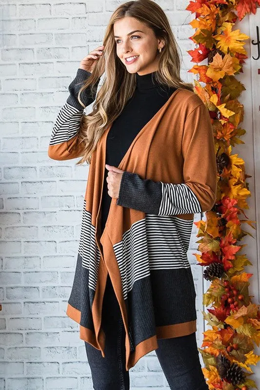 Colorblock Striped Patchwork Open Cardigan