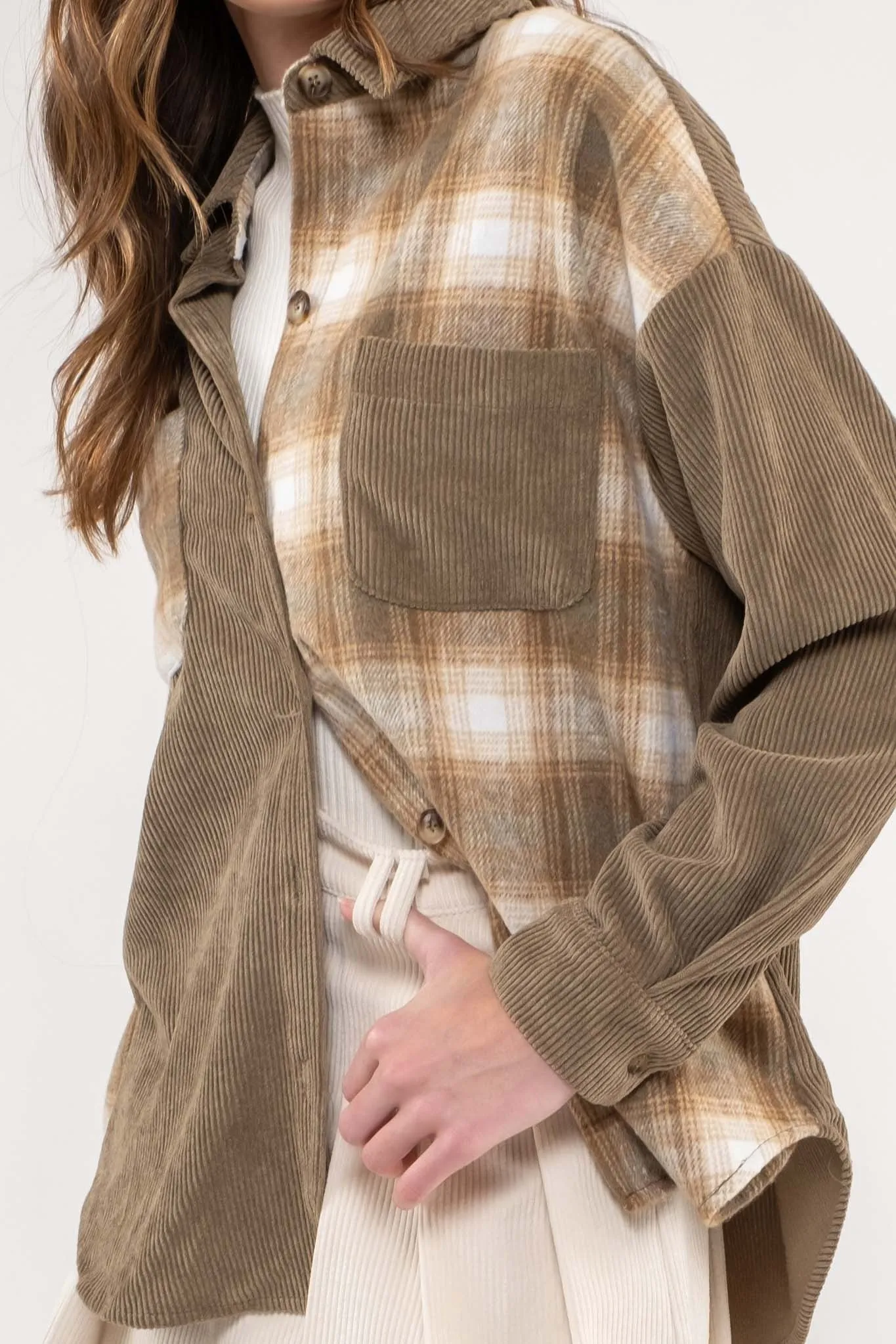 Corduroy and Plaid Colorblock Top