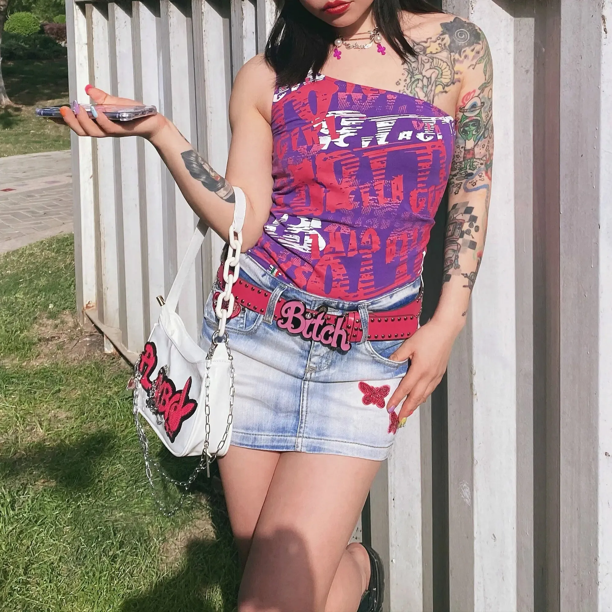 Gothic Punk Rivet Letter Waist Chain Belt - Y2K Skull Devil Charm Belt