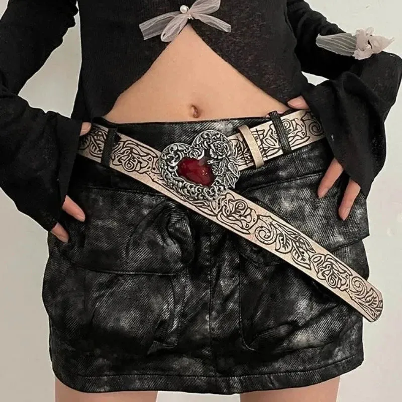 Gothic Punk Y2K Heart Buckle Belt - Red Peach Leather Waistband for Women