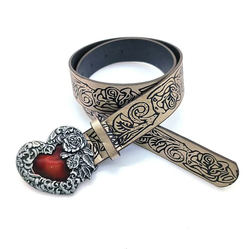 Gothic Punk Y2K Heart Buckle Belt - Red Peach Leather Waistband for Women