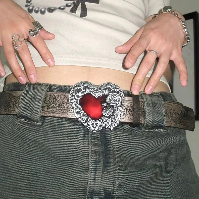 Gothic Punk Y2K Heart Buckle Belt - Red Peach Leather Waistband for Women