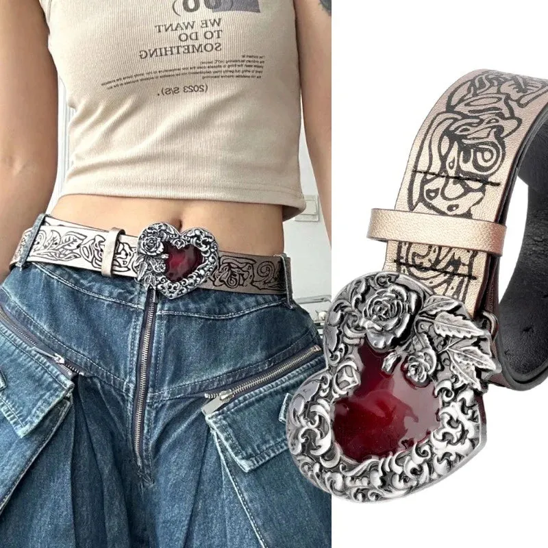 Gothic Punk Y2K Heart Buckle Belt - Red Peach Leather Waistband for Women