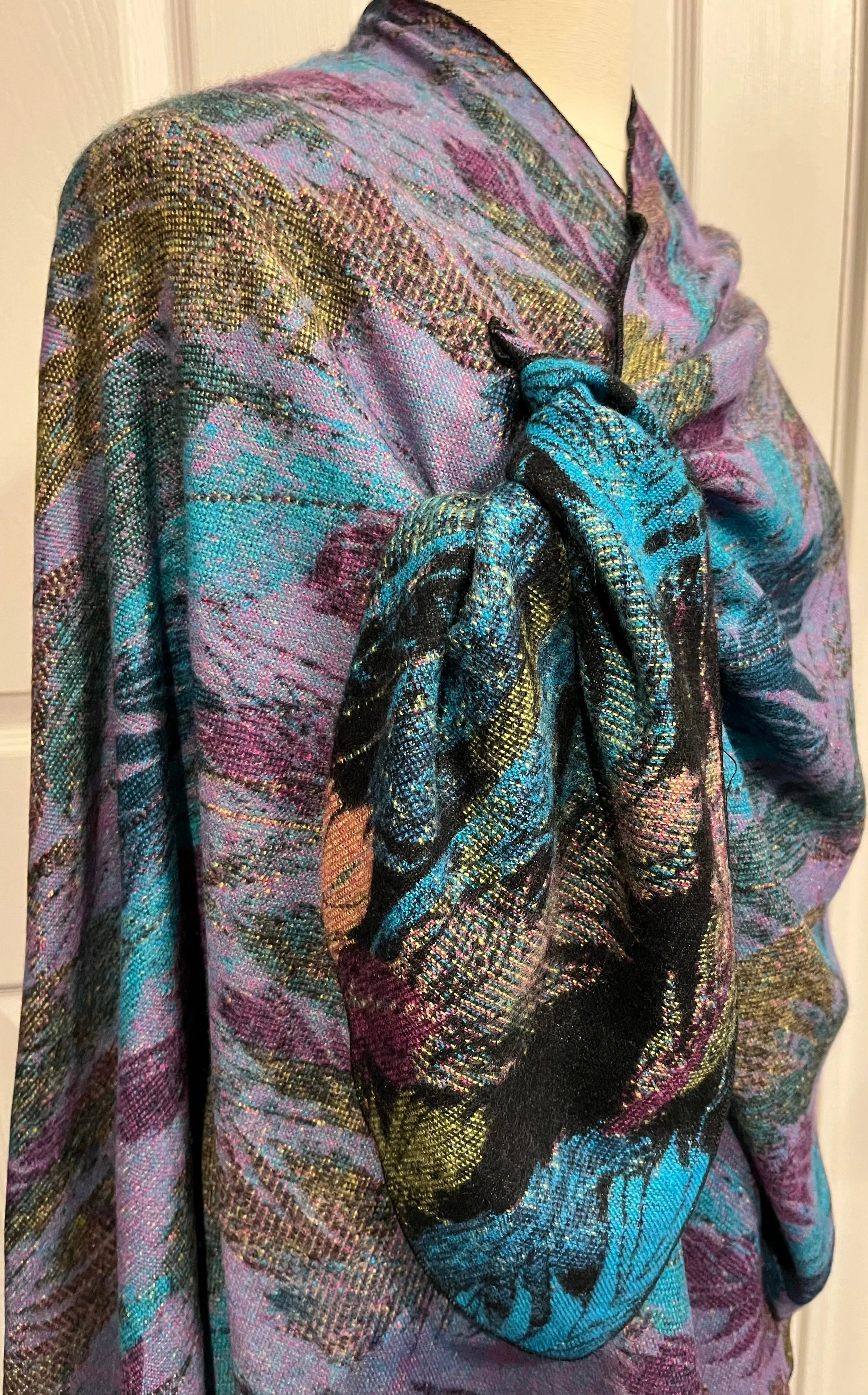 Jewel Tone Feather Design Reversible Cashmere Shawl