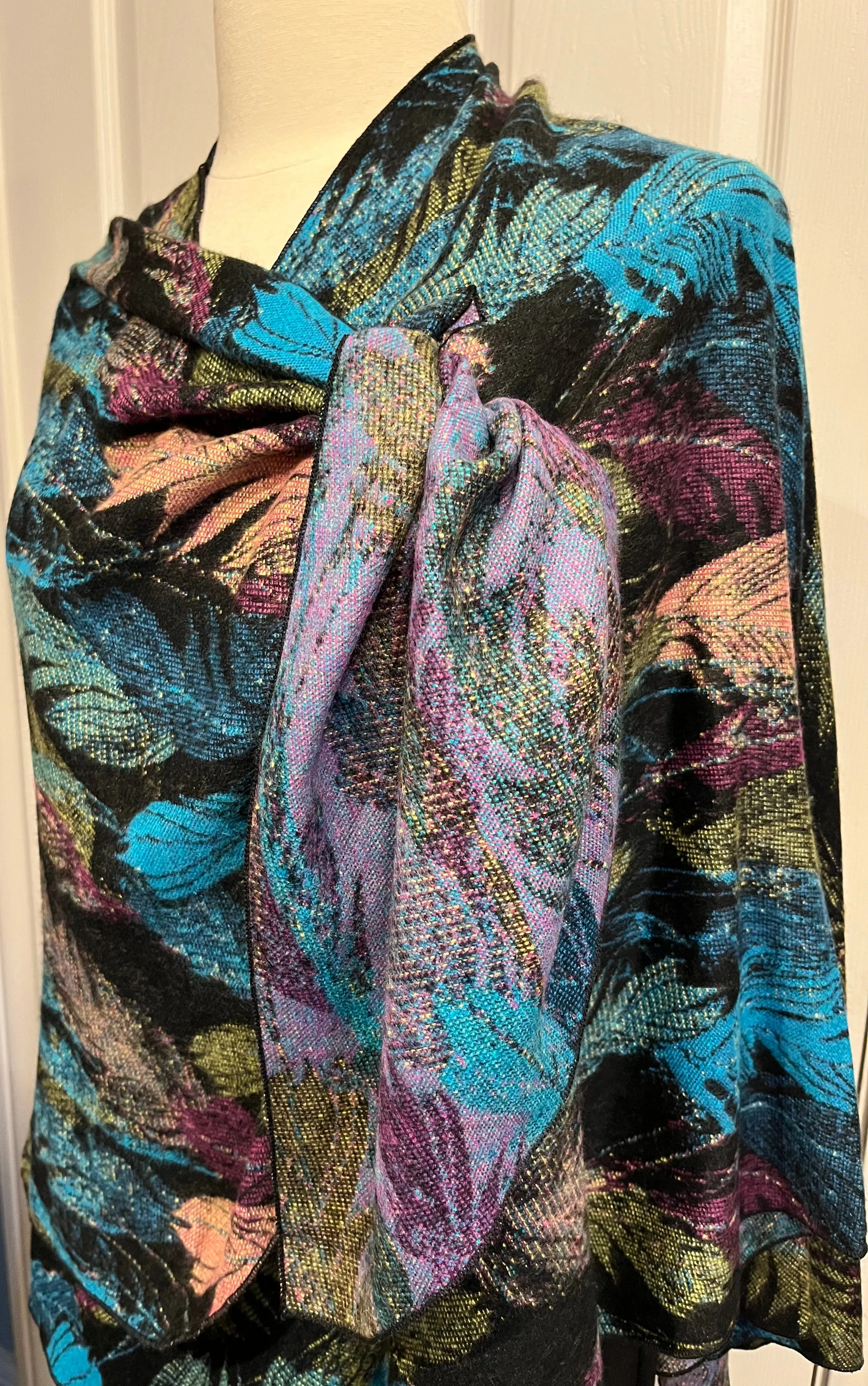 Jewel Tone Feather Design Reversible Cashmere Shawl