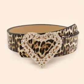 Leopard Print Rhinestone Heart Buckle PU Leather Belt