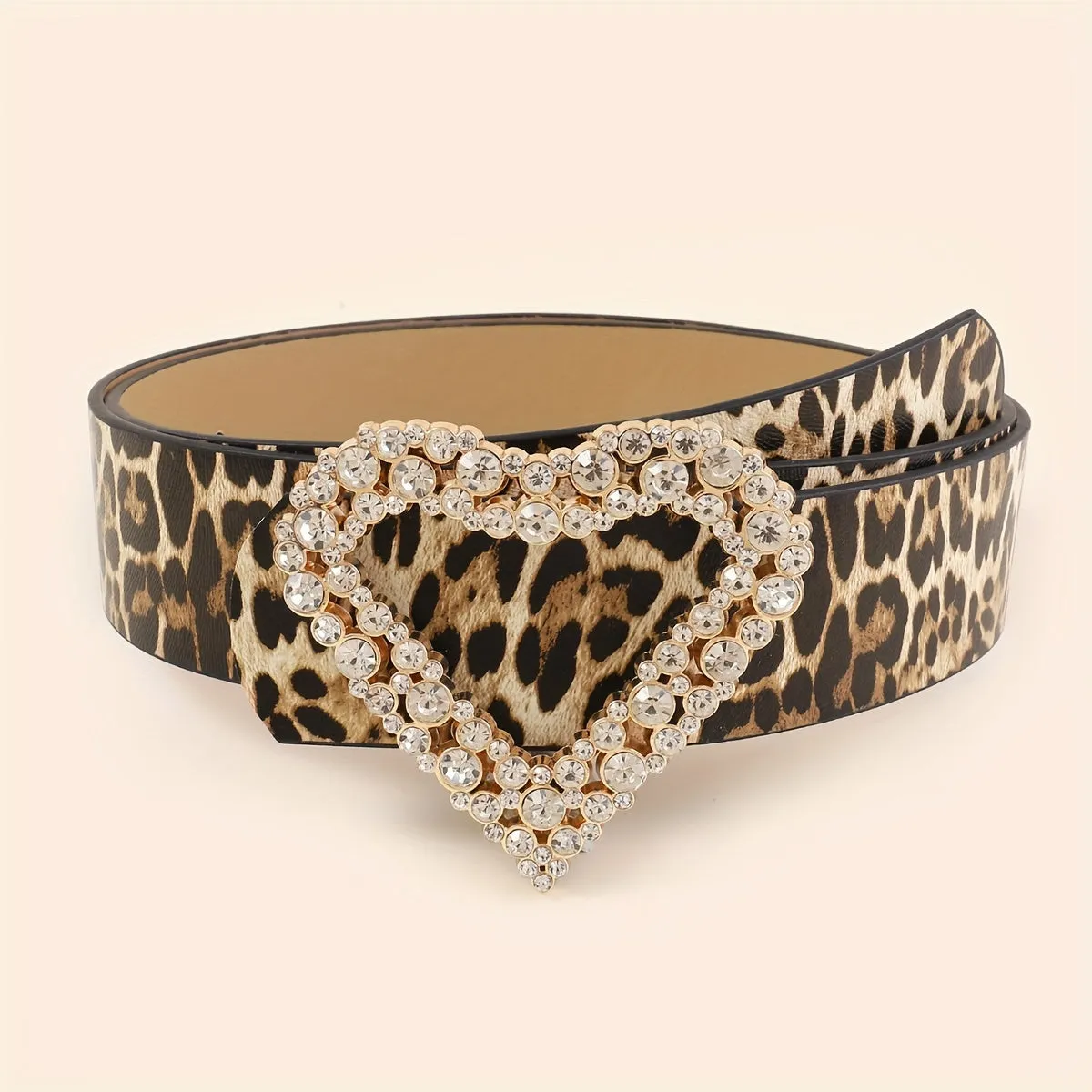 Leopard Print Rhinestone Heart Buckle PU Leather Belt