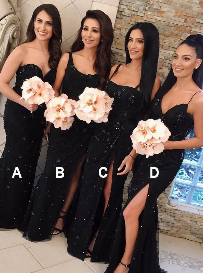 Mermaid Lace Appliques Beaded Black Bridesmaid Dresses with Split PB124