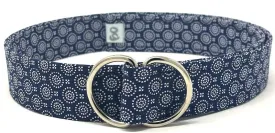 Navy d-ring belt with white circular detail by Oliver Green