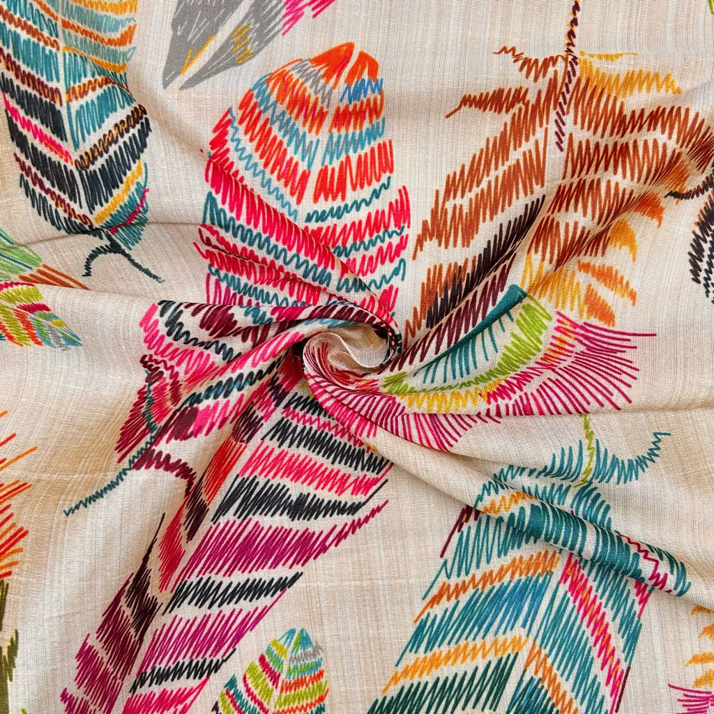 Rainbow Feathers Faux Silk Fabric