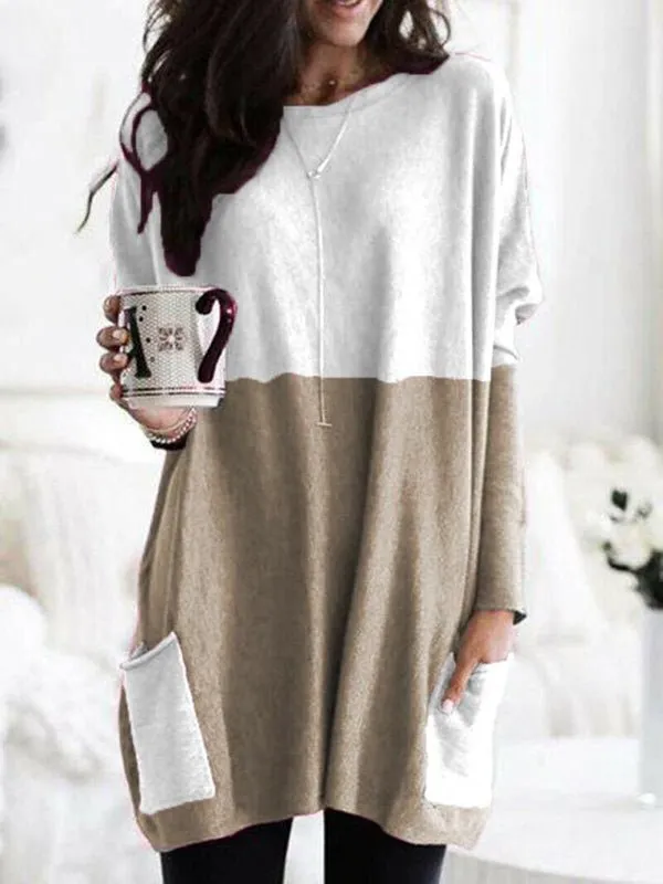 Women's T-Shirts Long Sleeve Colorblock Casual Pocket T-Shirt