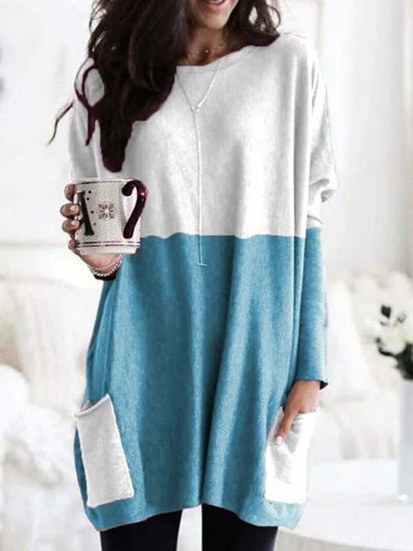 Women's T-Shirts Long Sleeve Colorblock Casual Pocket T-Shirt