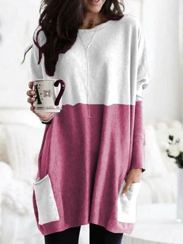 Women's T-Shirts Long Sleeve Colorblock Casual Pocket T-Shirt