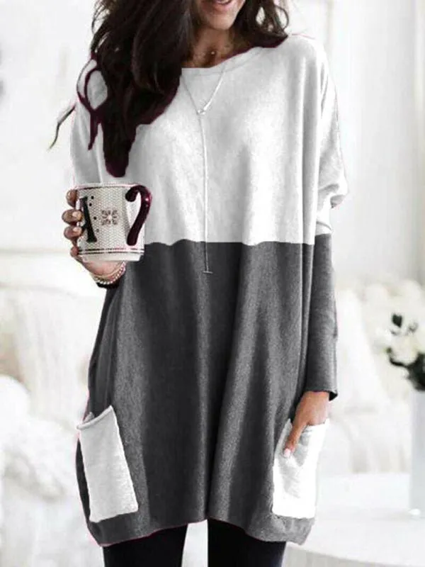 Women's T-Shirts Long Sleeve Colorblock Casual Pocket T-Shirt